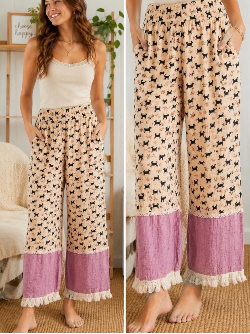 Natural Life Dog Print Tassel Hem Pull-on Pants Size Small
